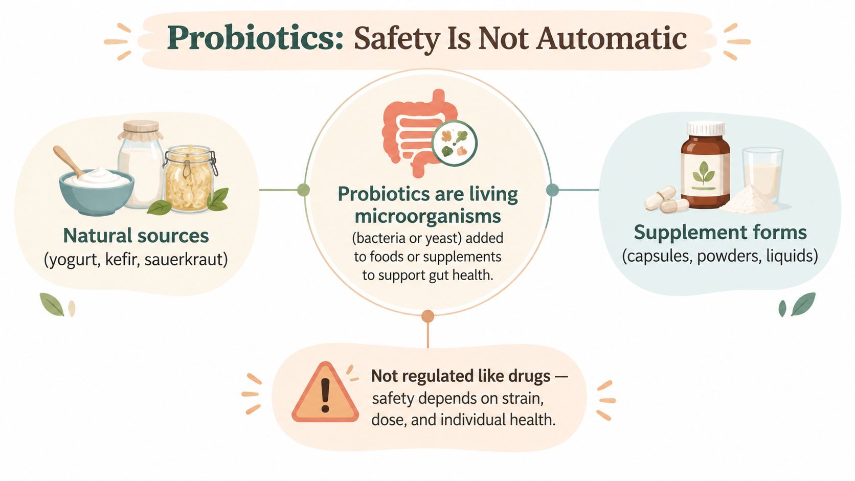 An infographic titled Probiotics: Safety Is Not Automatic, explaining natural sources, supplements, and safety considerations for probiotics.