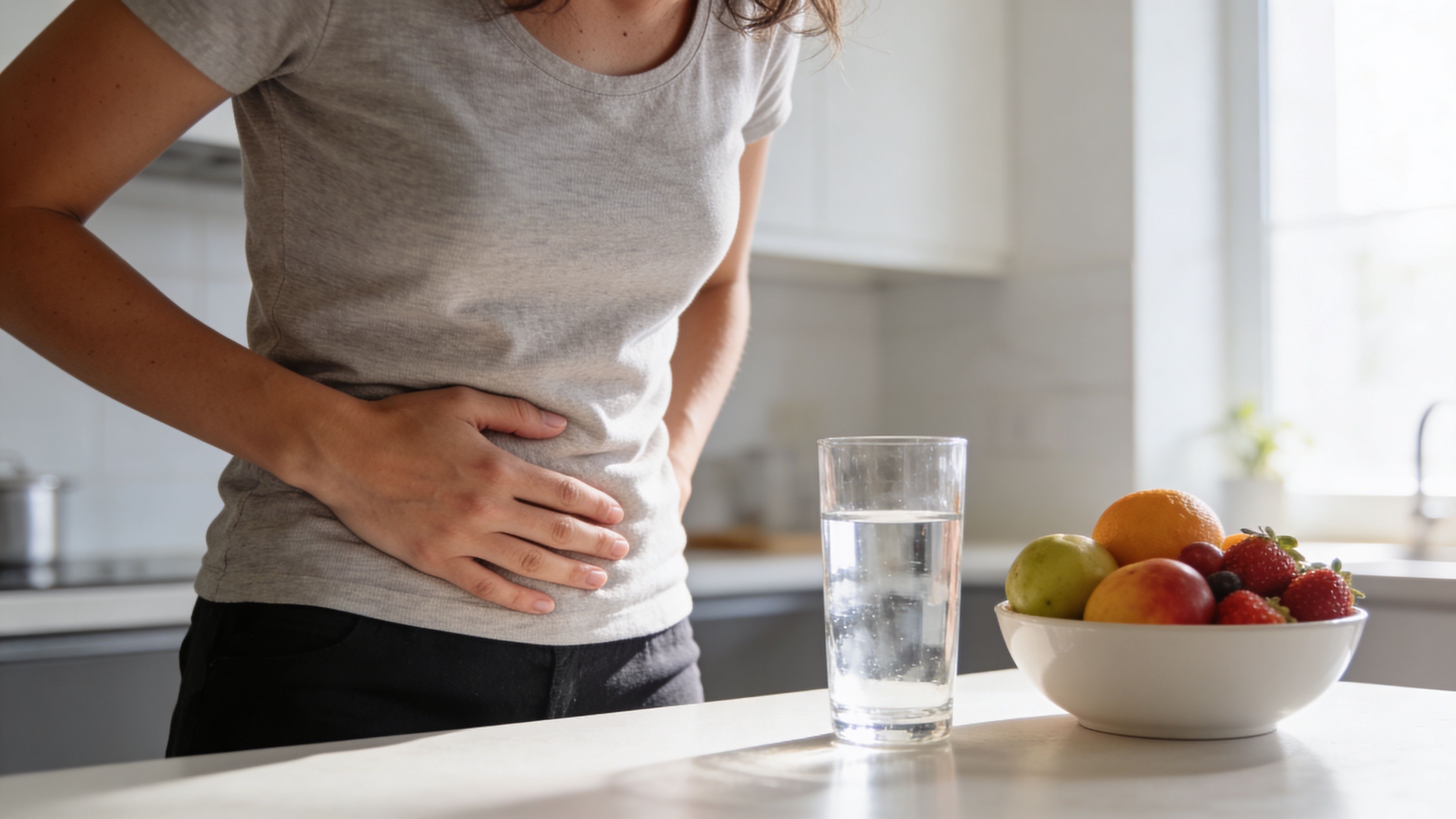 A woman holding her stomach in pain next to a glass of water and fruit bowl.