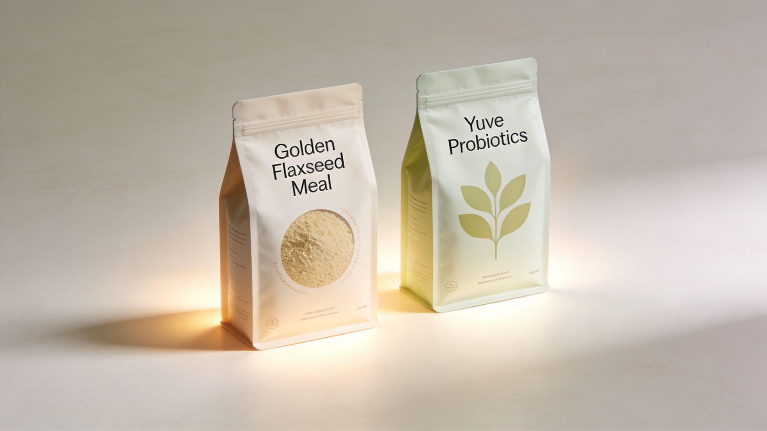Two stand-up pouches, one containing golden flaxseed meal and the other featuring Yuve Probiotics branding.