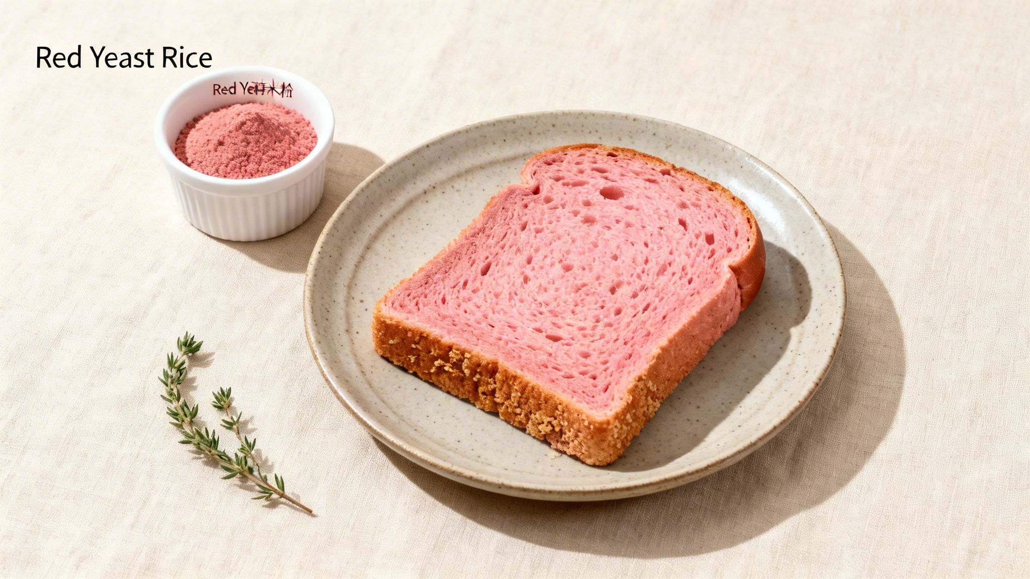 A slice of pink red yeast rice bread on a plate, with red yeast rice powder and thyme.