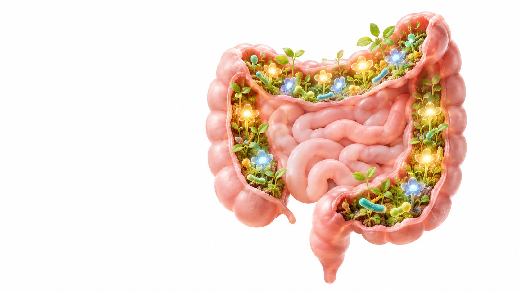 A 3D illustration of human intestines containing a miniature garden with plants, flowers, and glowing microbes inside.