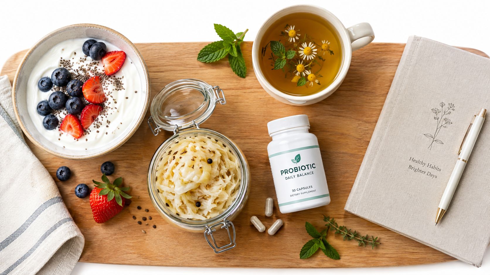 A healthy arrangement of yogurt, sauerkraut, probiotic capsules, herbal tea, and a journal on a board.