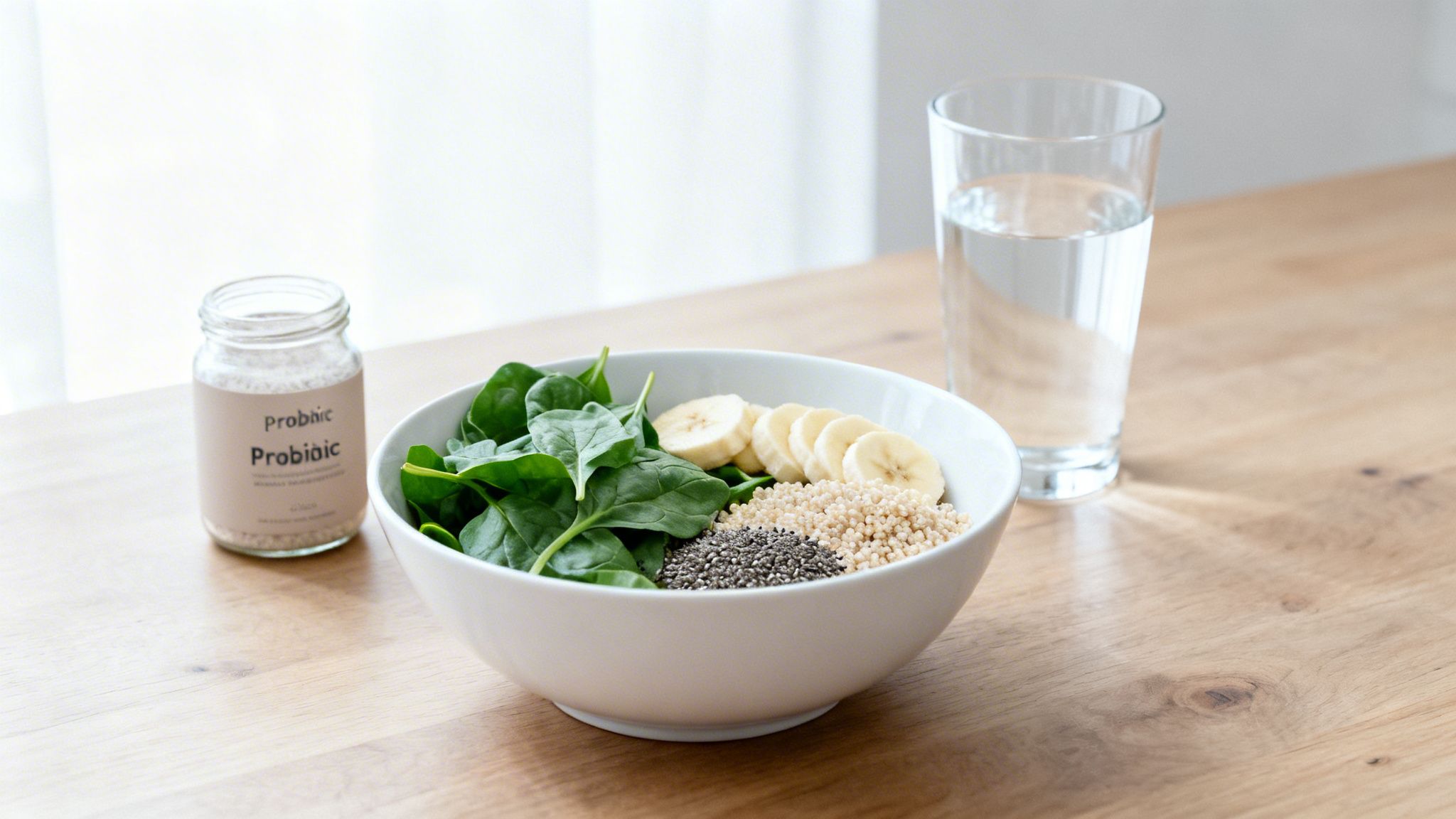 A healthy breakfast bowl with spinach, banana, chia seeds, quinoa, a probiotic jar, and water.