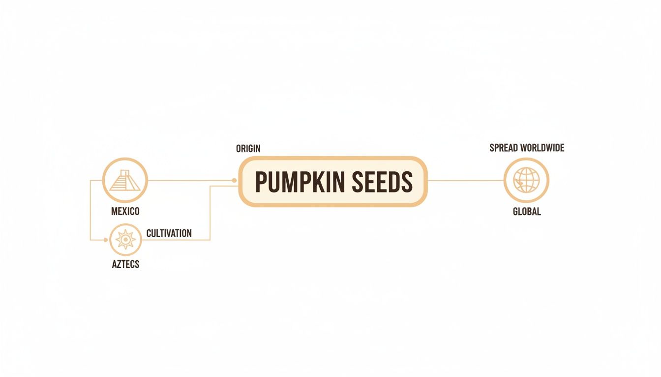 Infographic detailing the origin of pumpkin seeds in Mexico by Aztecs and their global spread.