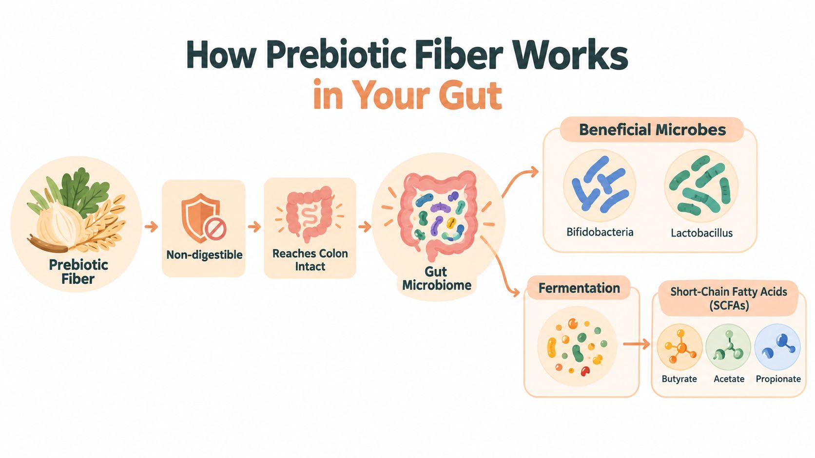A diagram illustrating the process of how prebiotic fiber passes through the gut to support microbiome health.