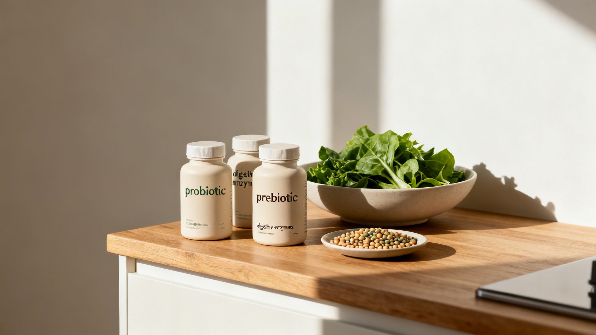 Three health supplement bottles (probiotic, digestive enzymes, prebiotic) and fresh greens on a sunlit wooden counter.
