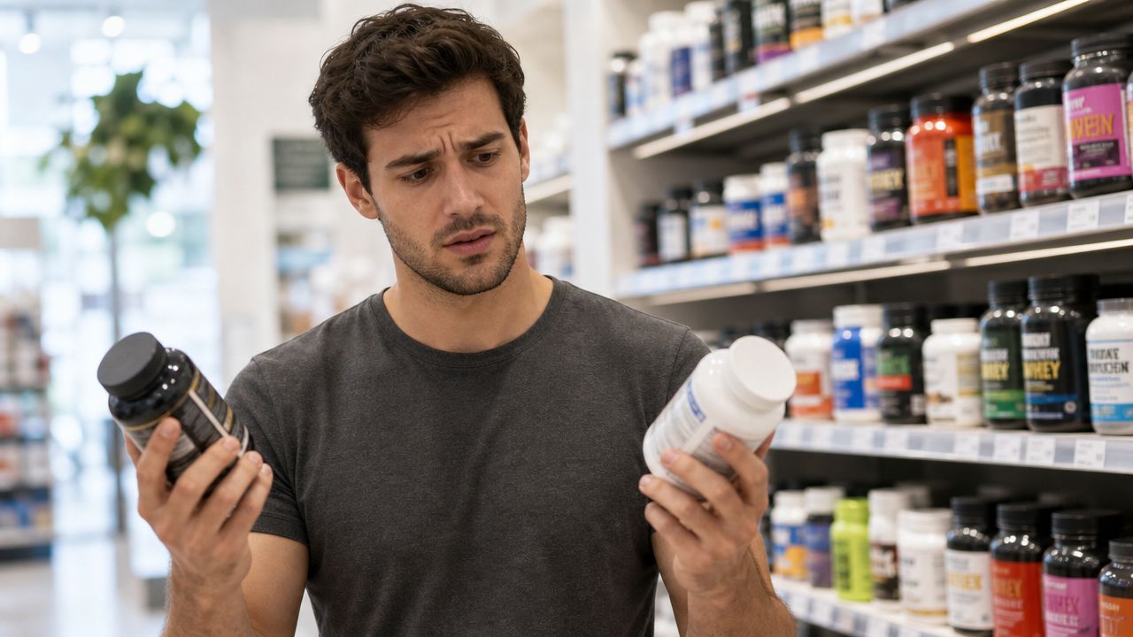 A man in a store comparing two different bottles of nutritional supplements with a thoughtful expression.