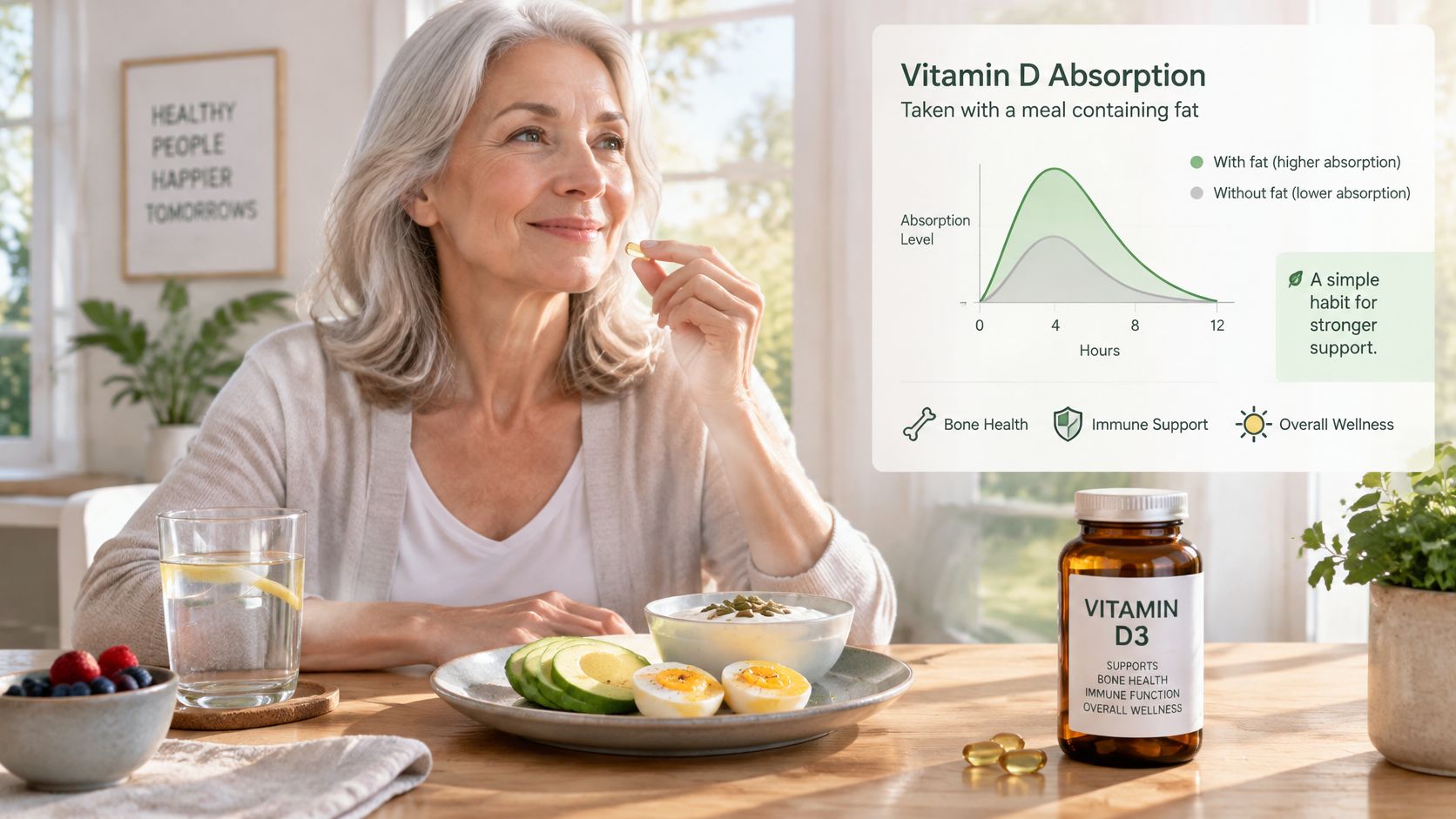 A woman smiling while preparing to take a Vitamin D3 supplement with a healthy, fat-containing meal.