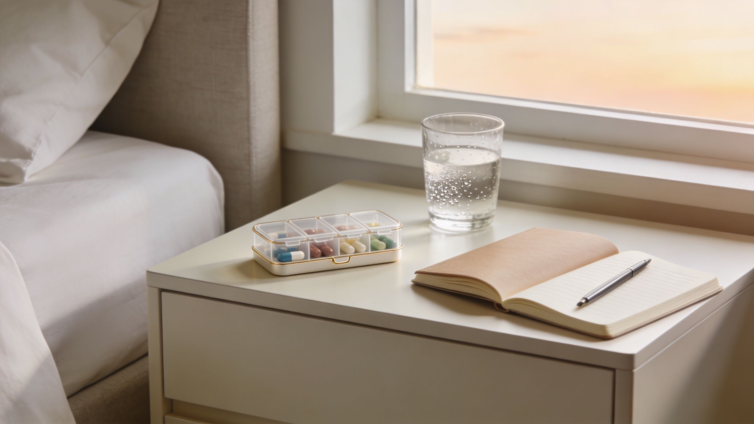 A bedside table with a pill organizer, a glass of water, and an open notebook with a pen.