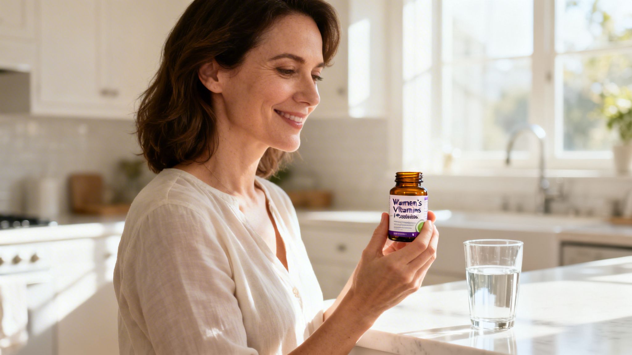 Smiling woman in a bright kitchen holding a bottle of Women's Vitamins + Probiotics and a glass of water.