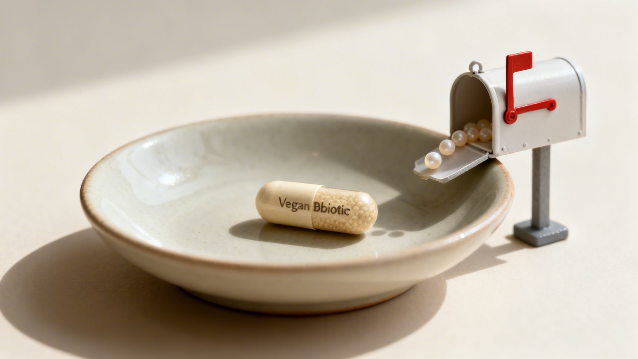 A vegan probiotic capsule sits in a light-colored bowl, next to a miniature mailbox spilling pearls.