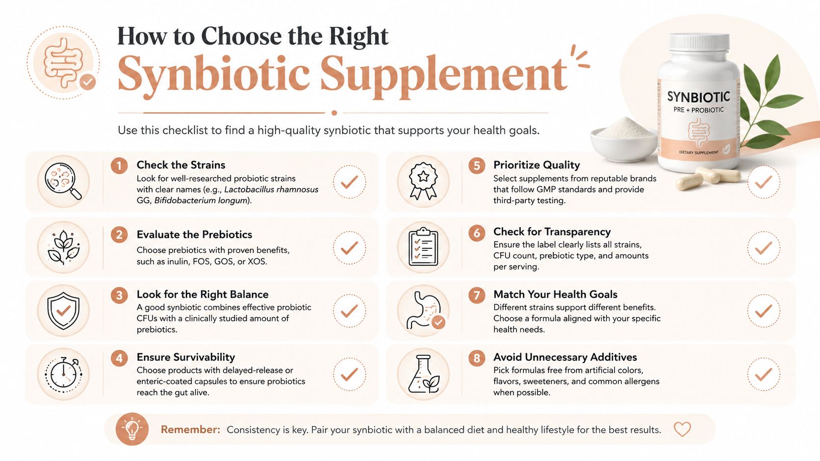 An infographic checklist titled How to Choose the Right Synbiotic Supplement, outlining eight essential steps for selecting high-quality products.