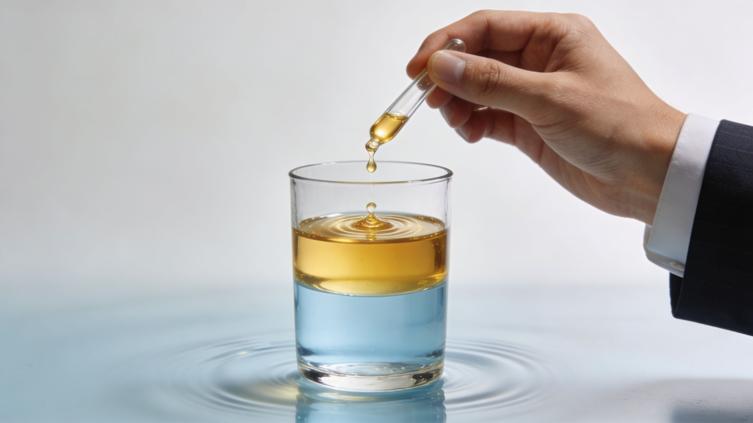 A hand in a business suit holding a glass dropper dispensing yellow oil into a glass of water.