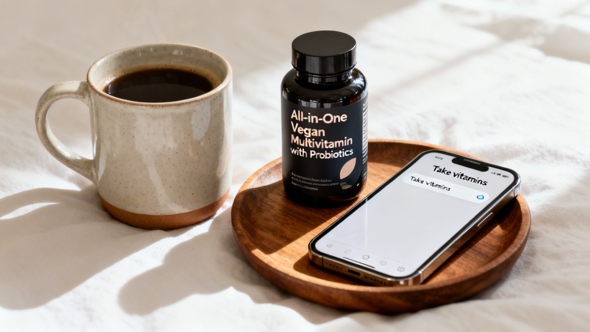 Morning routine with vegan multivitamins, a cup of coffee, and a phone reminder to take vitamins.