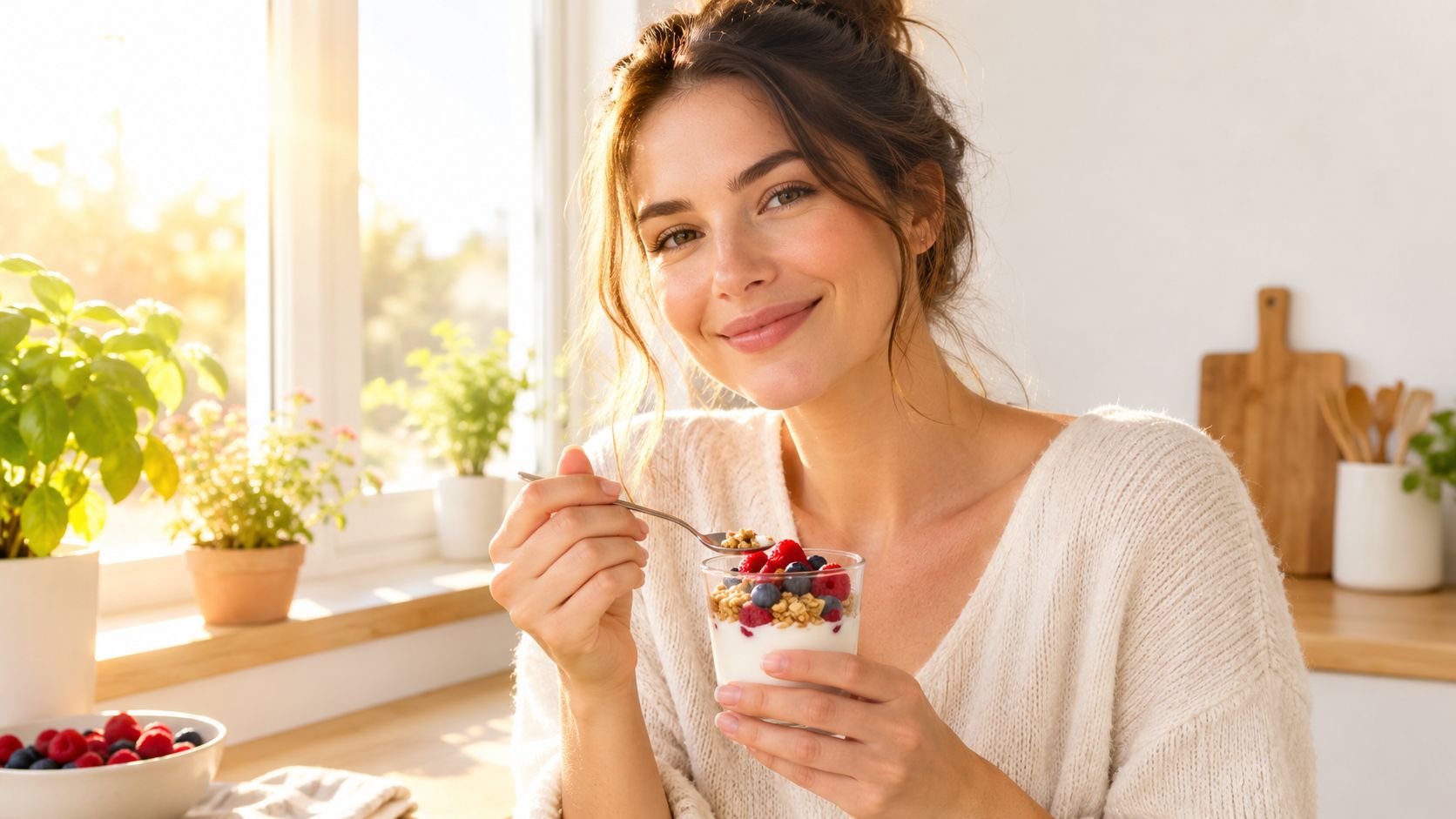 A smiling woman in a cozy sweater eating a healthy yogurt parfait with berries for breakfast.