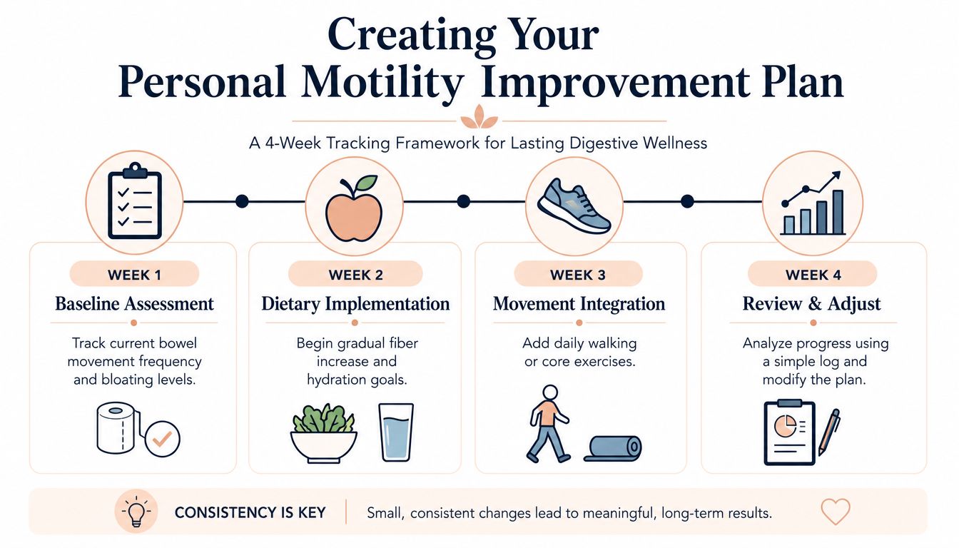 A four-week plan graphic outlining steps to improve gut motility, including assessment, diet, movement, and adjustment.