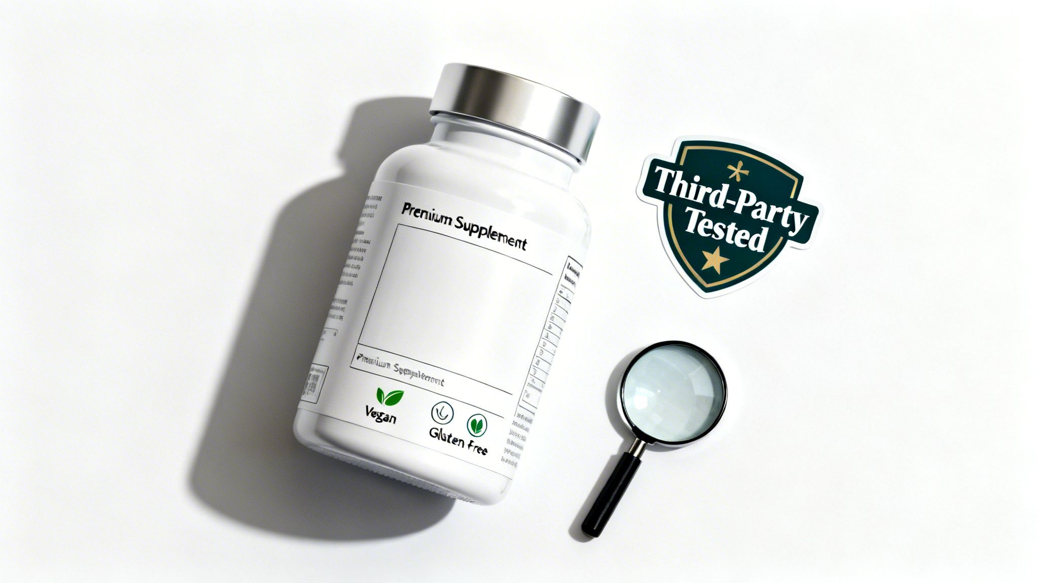 Premium supplement bottle with vegan and gluten-free labels, next to a 'Third-Party Tested' badge and magnifying glass, symbolizing quality.