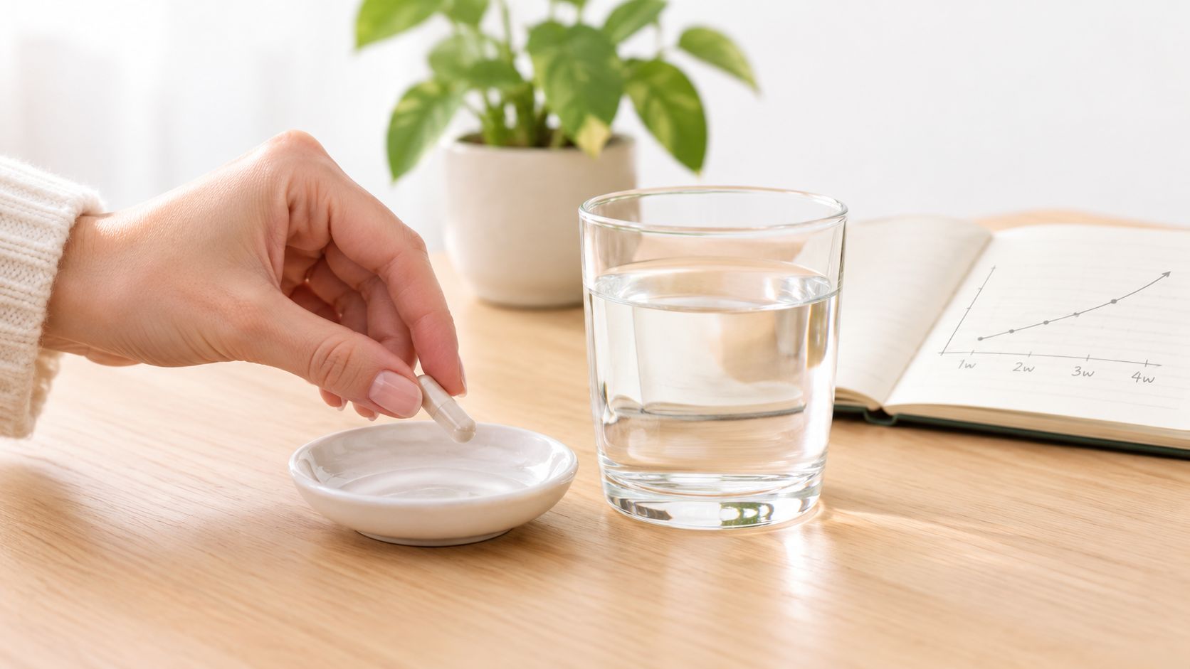 A person taking a prebiotic supplement capsule with a glass of water to support their gut health.