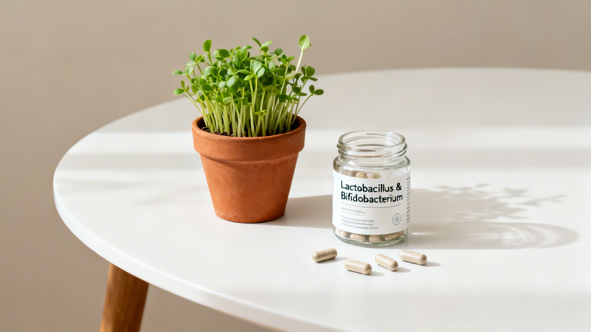 A potted plant and a jar of Lactobacillus & Bifidobacterium probiotic capsules on a white table.