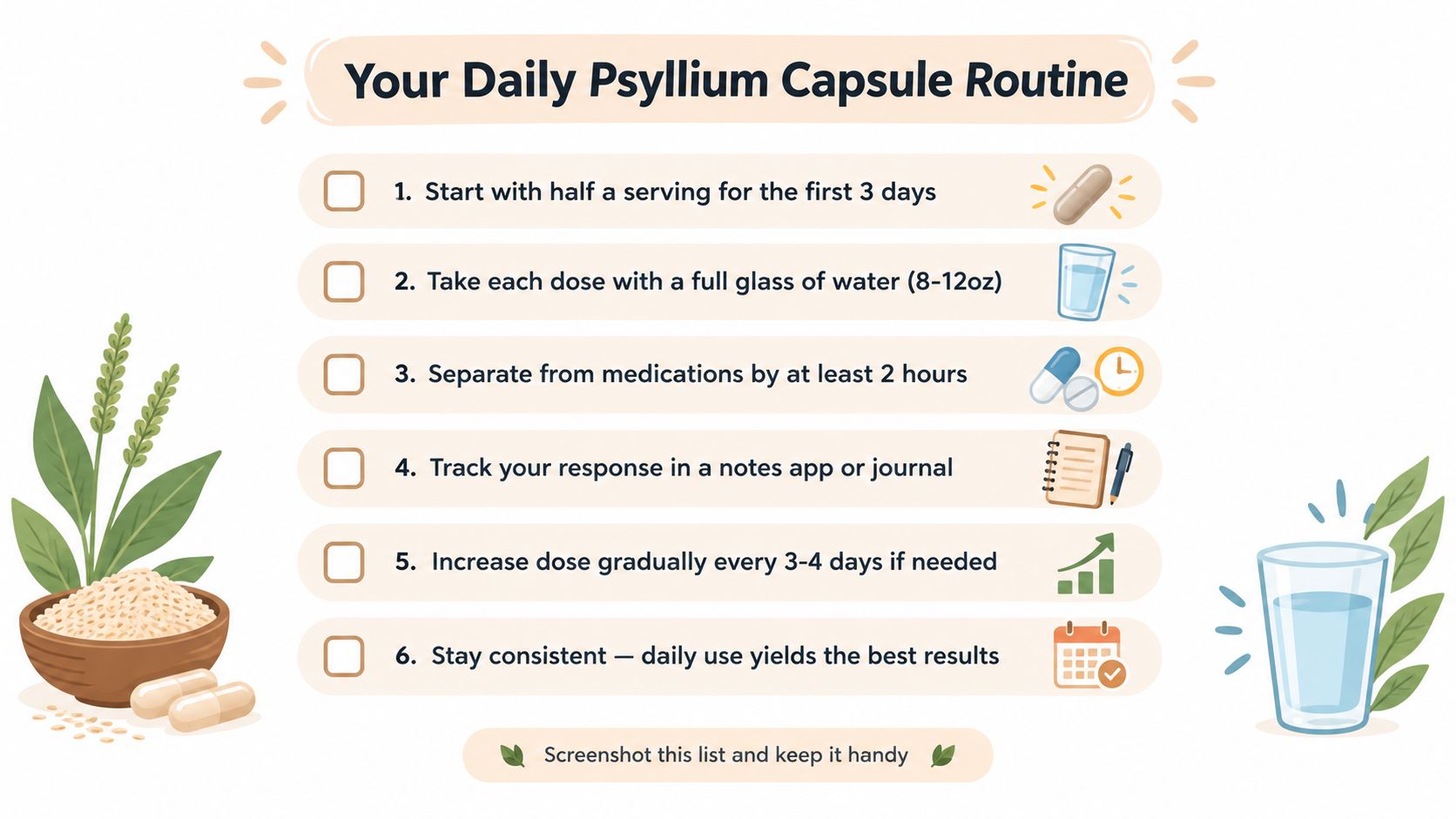 An infographic titled Your Daily Psyllium Capsule Routine with six steps for healthy fiber supplement usage.