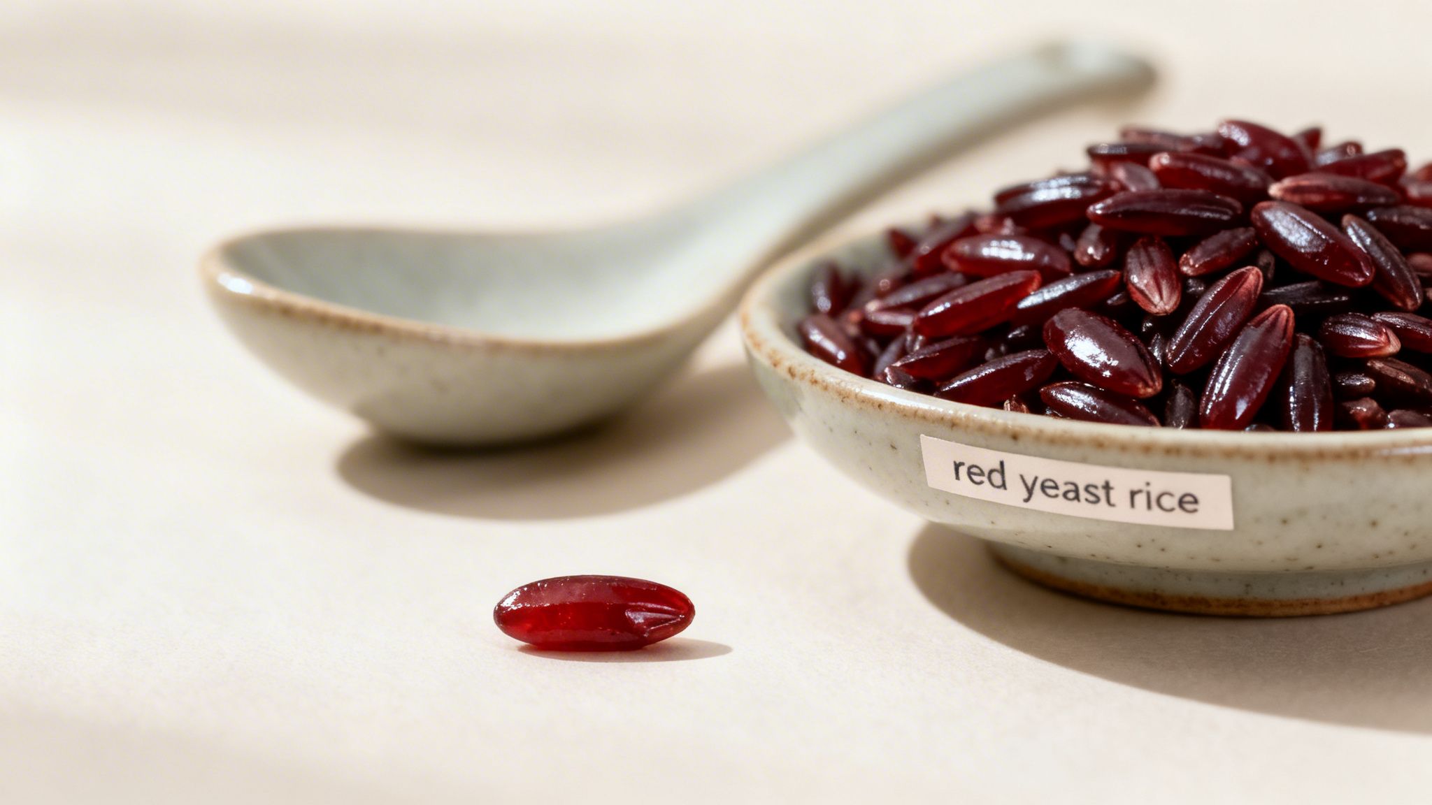 Close-up of glossy red yeast rice grains in a ceramic bowl with a 'red yeast rice' label.