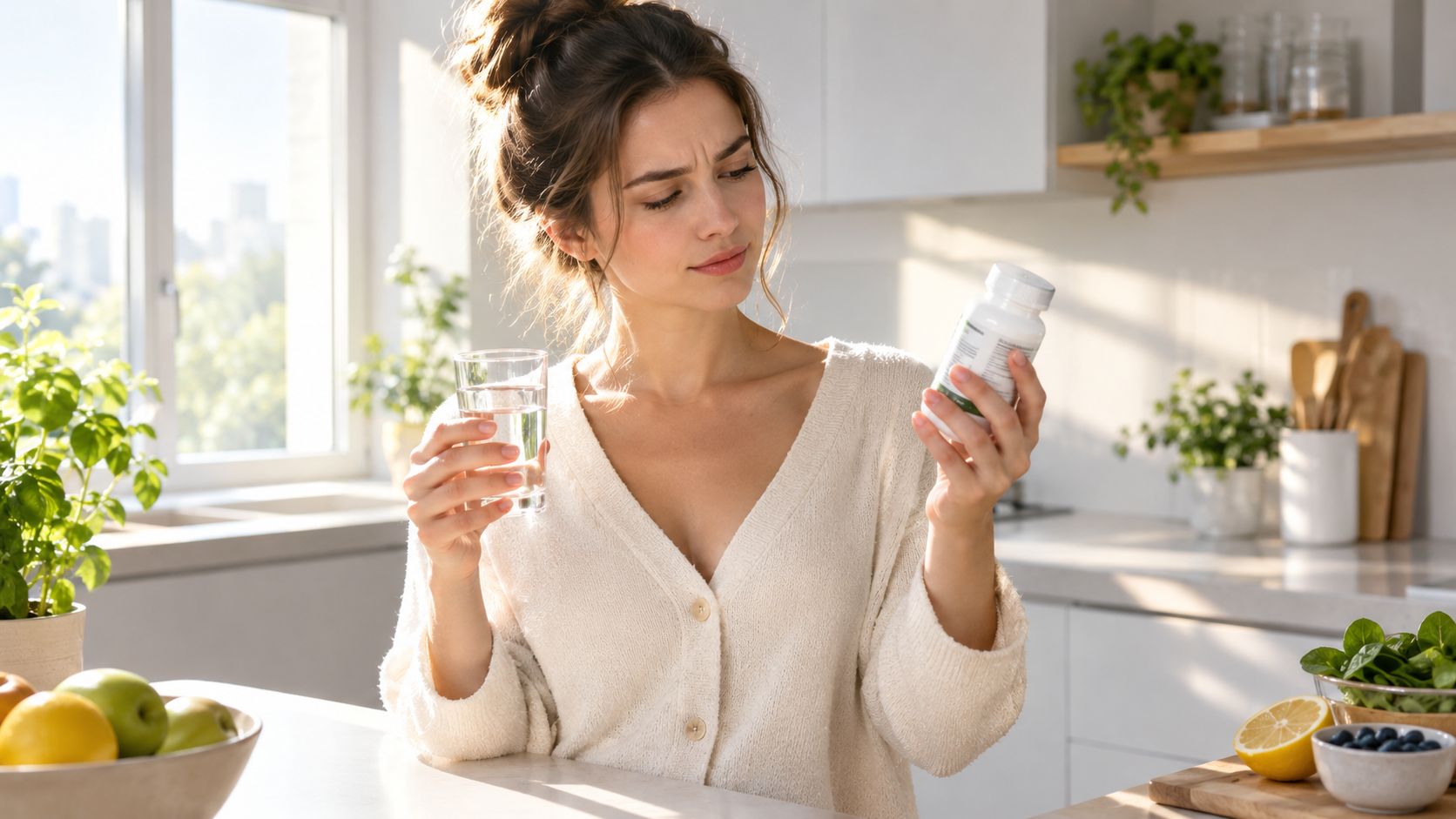 A woman looks concerned while reading a supplement bottle label with a glass of water nearby.