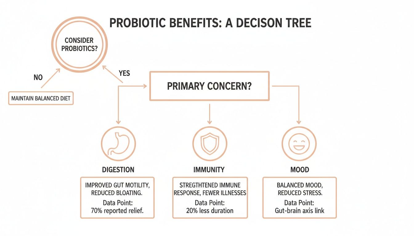 A decision tree illustrating probiotic benefits for digestion, immunity, and mood, with supporting data points.