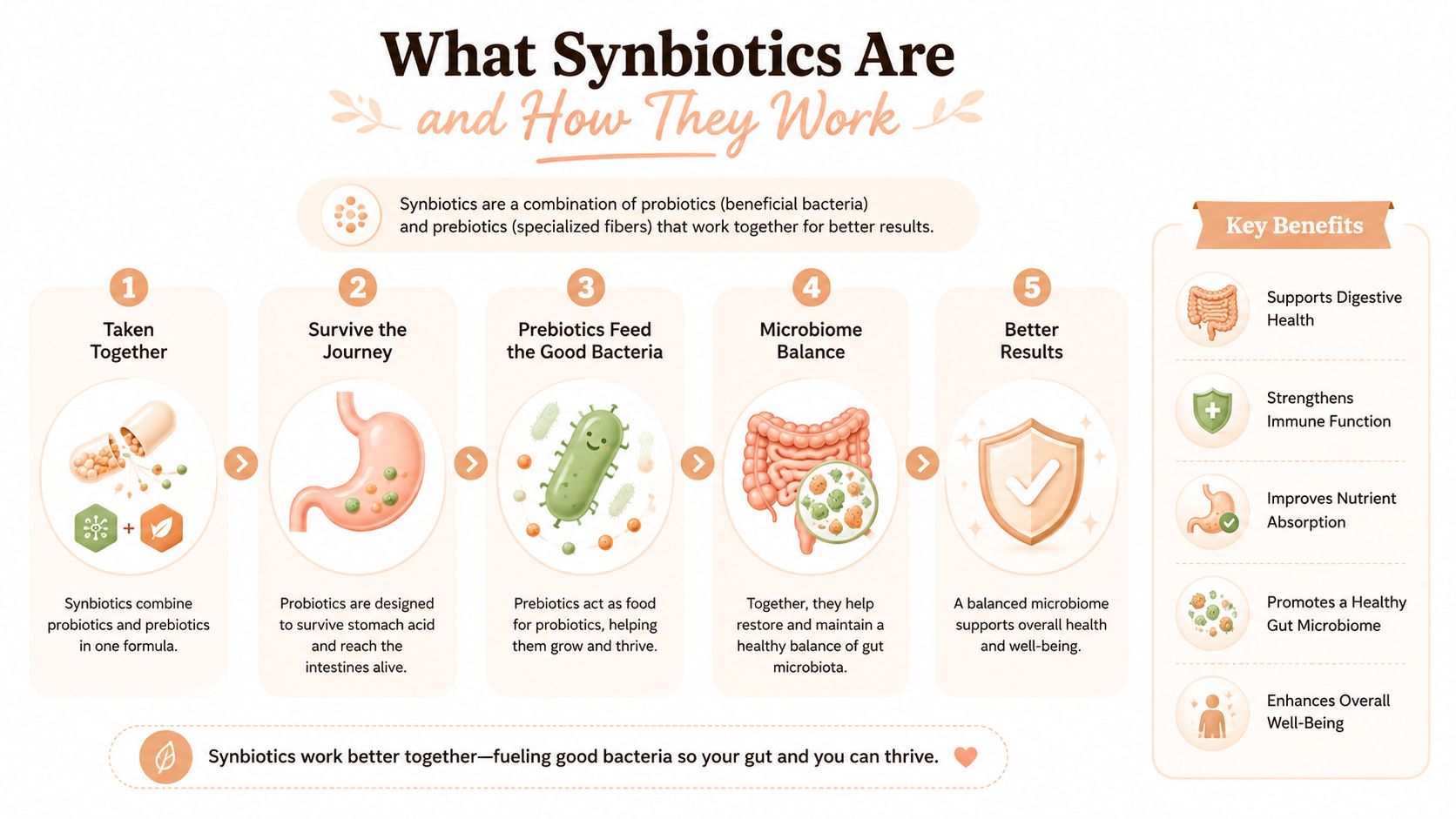 An infographic explaining how synbiotics, a combination of probiotics and prebiotics, work to improve digestive health and immunity.