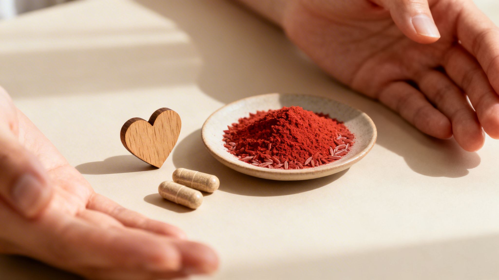 Hands gently frame a wooden heart, two capsules, and red powder with grains, likely red yeast rice.