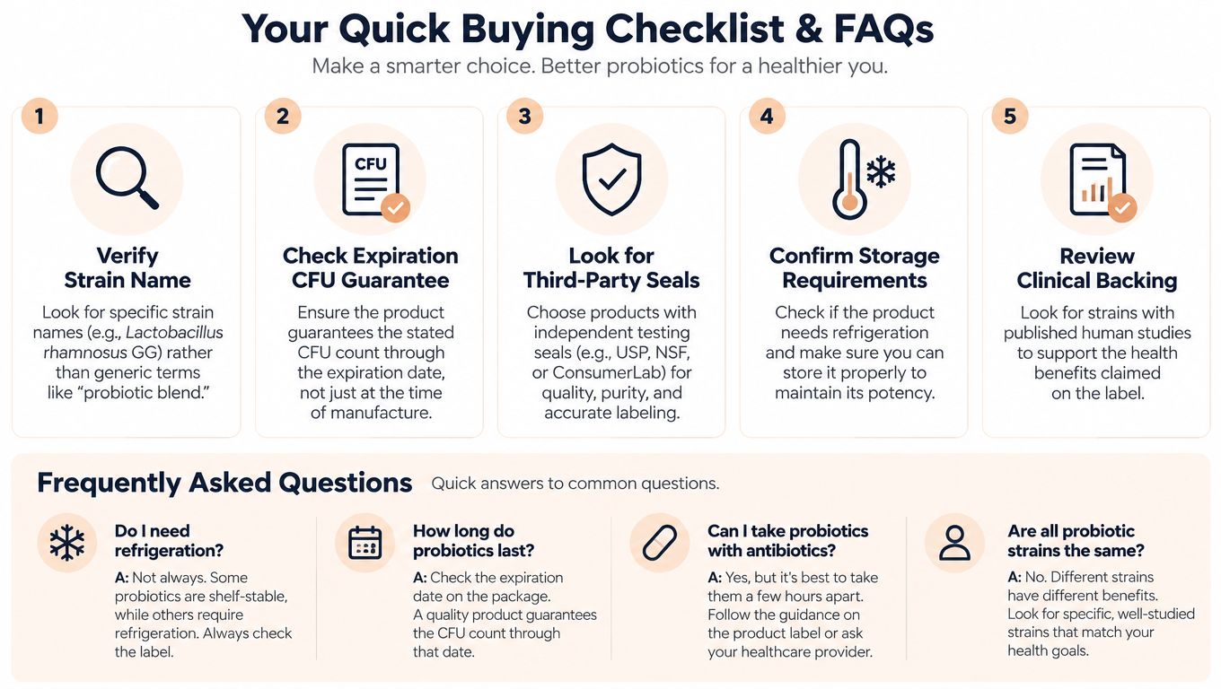 A quick buying checklist and FAQs guide for choosing the best and most effective probiotic supplements.