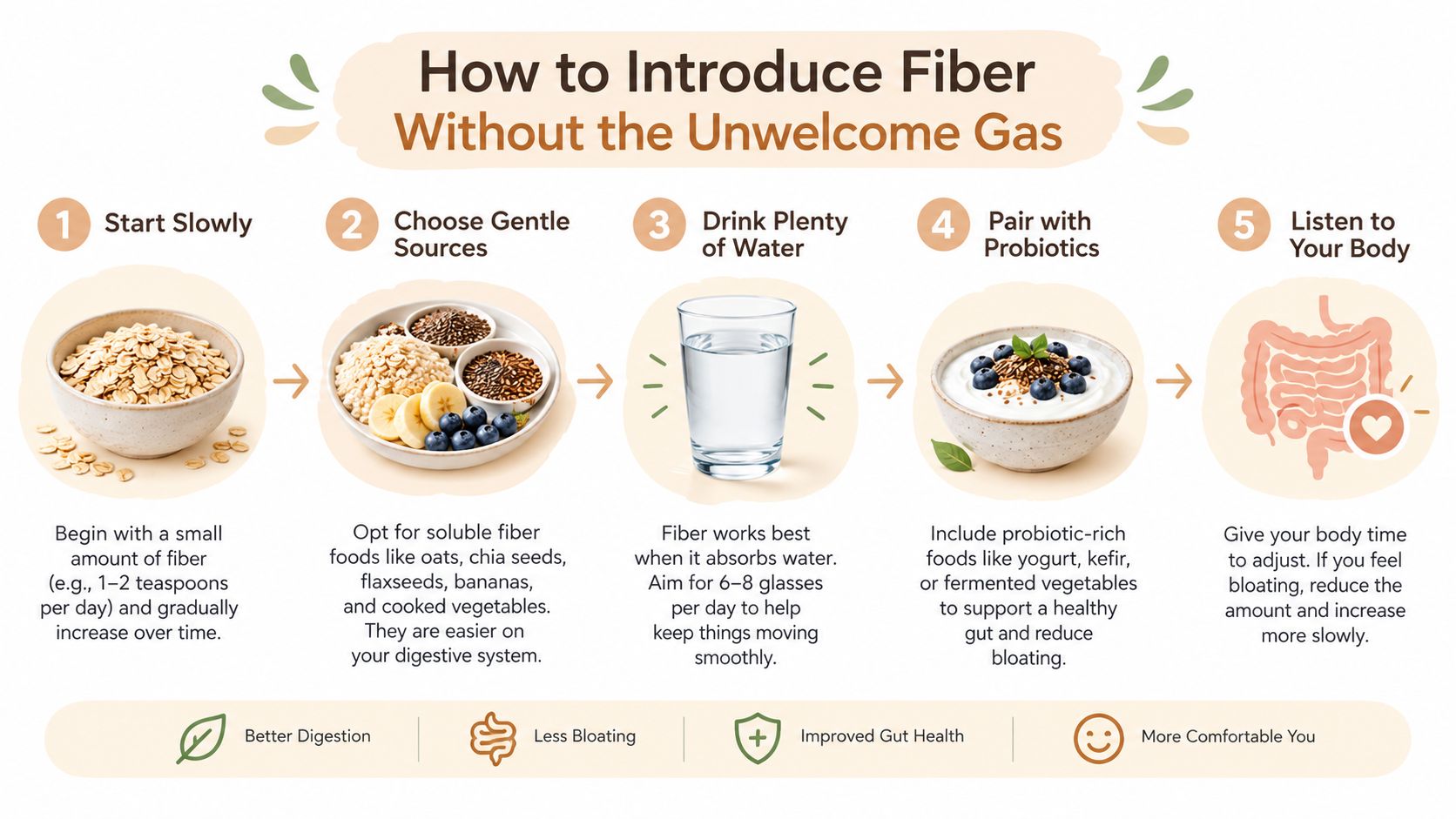 A five-step guide for introducing fiber into your diet to prevent bloating and digestive discomfort.