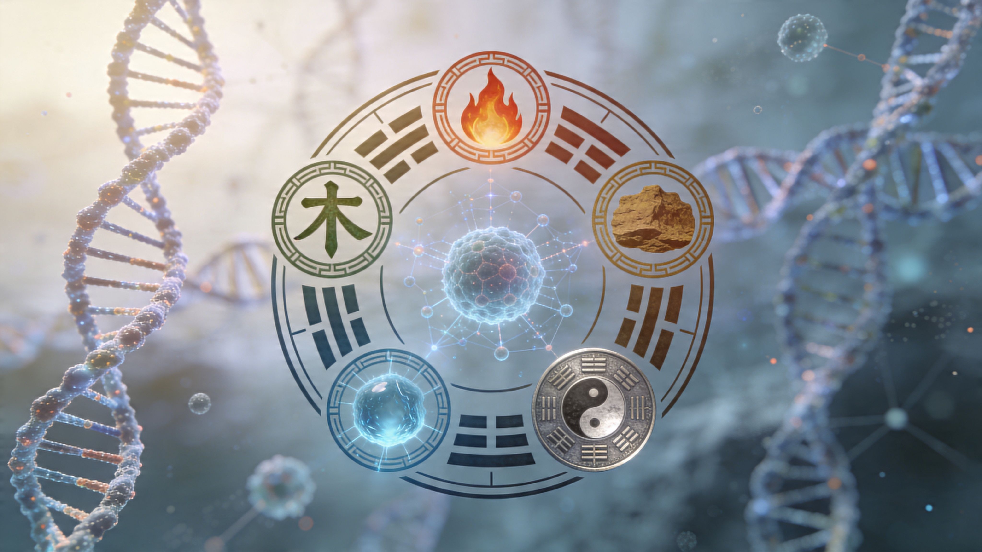 A conceptual graphic merging ancient Chinese five elements symbols with a modern DNA structure and cell model.