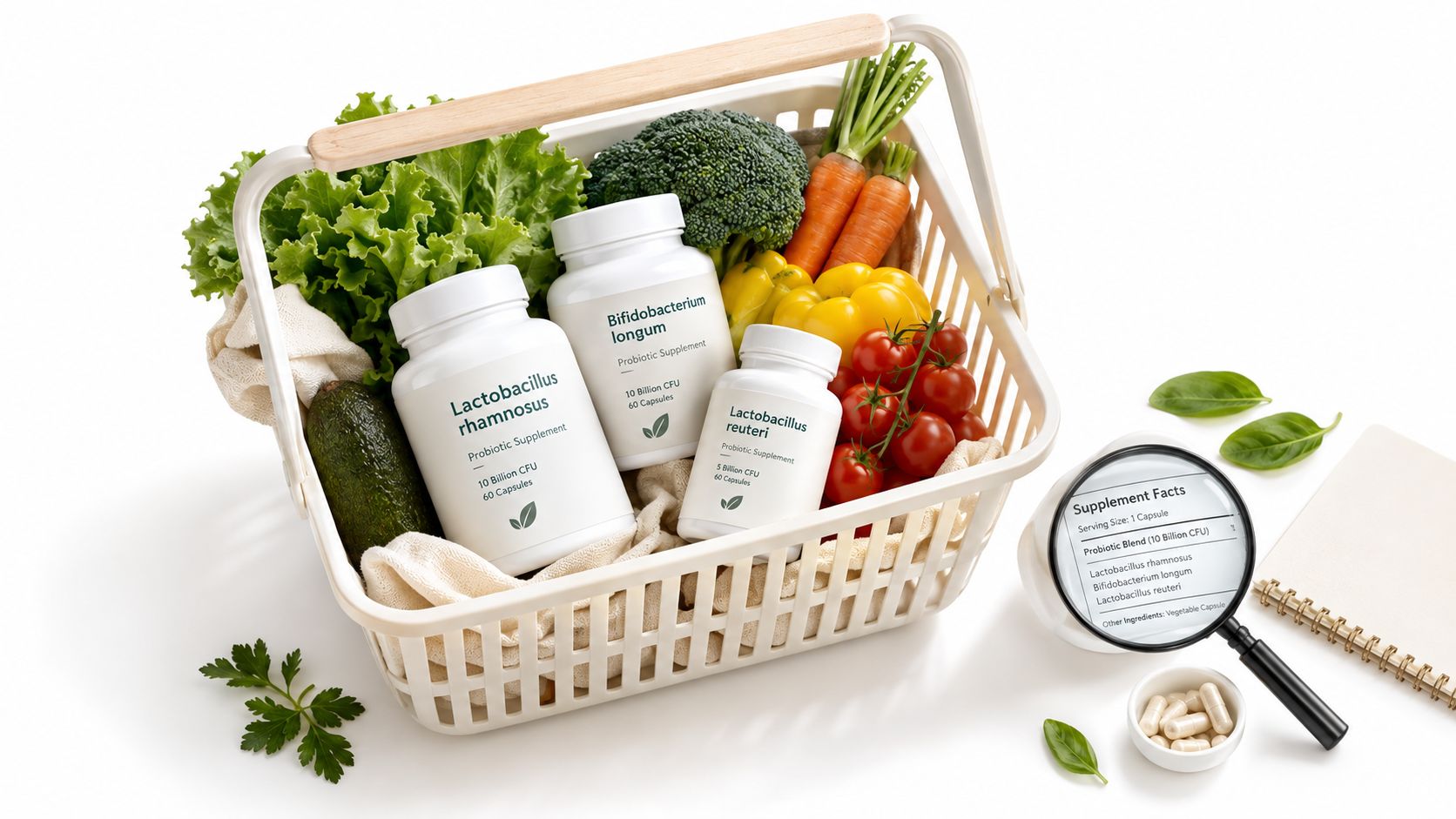 A shopping basket filled with fresh vegetables and various probiotic supplement bottles on a white background.