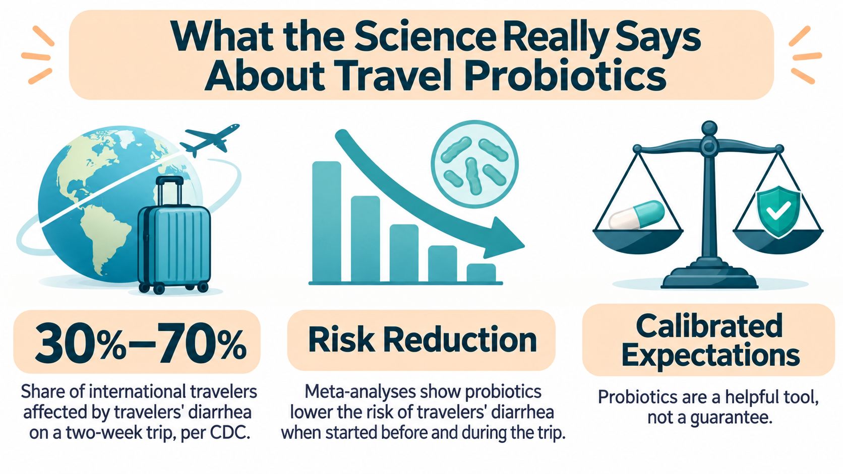 An infographic titled What the Science Really Says About Travel Probiotics explains risks and benefits.