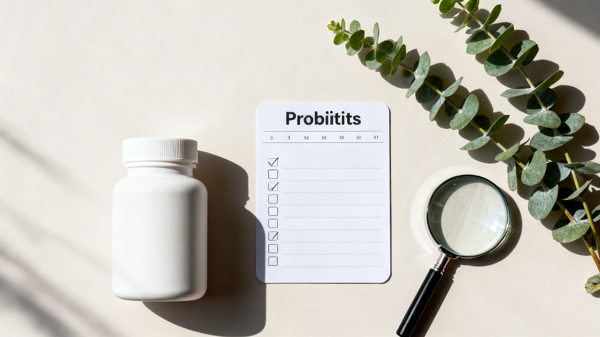 White pill bottle, 'Probiitits' checklist, magnifying glass, and eucalyptus on a light background.