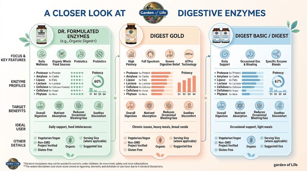 A comparison chart of Garden of Life digestive enzyme products, detailing formulas, benefits, and target users.