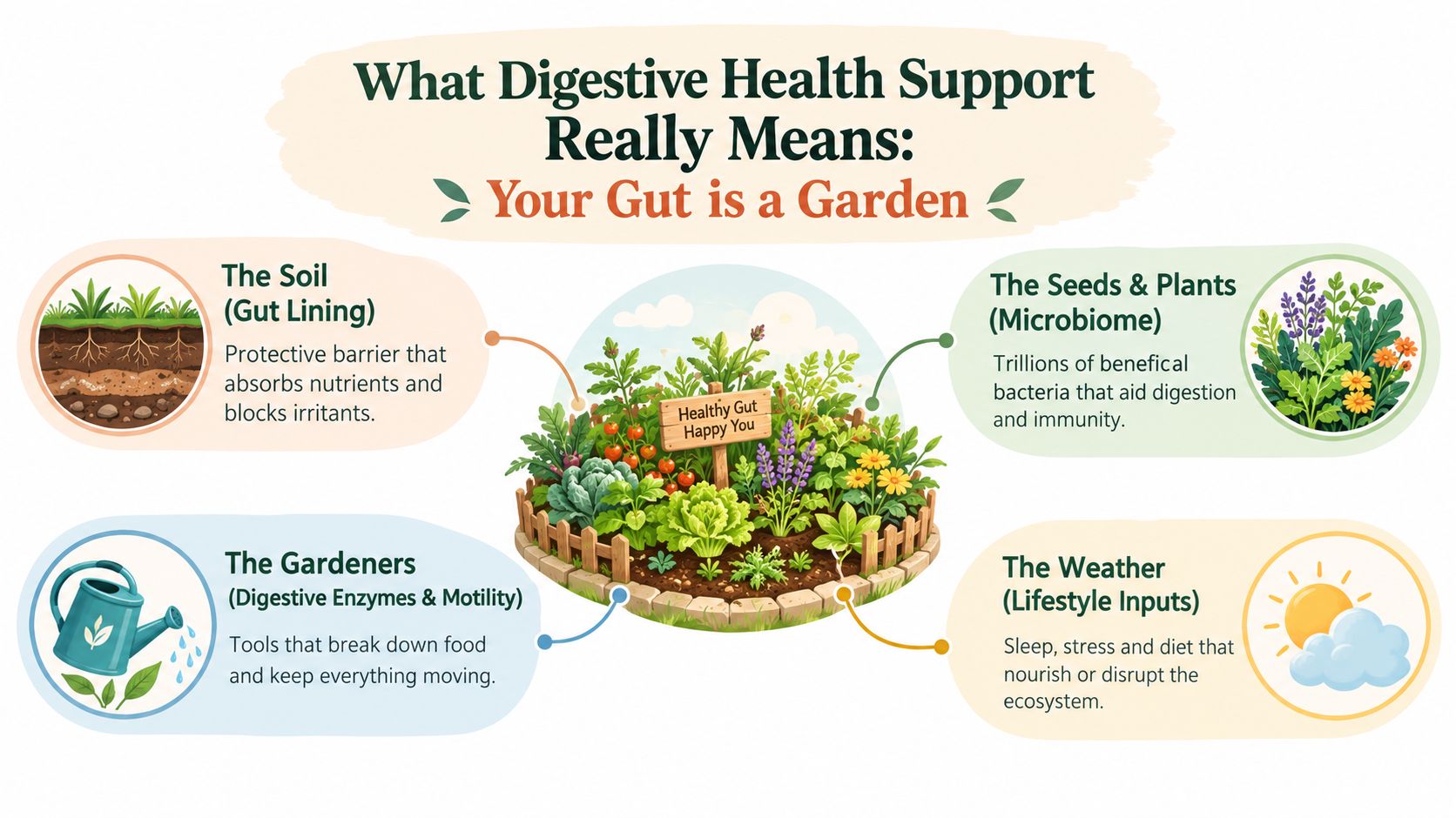 A garden metaphor infographic explaining digestive health components including gut lining, microbiome, digestive enzymes, and lifestyle inputs.