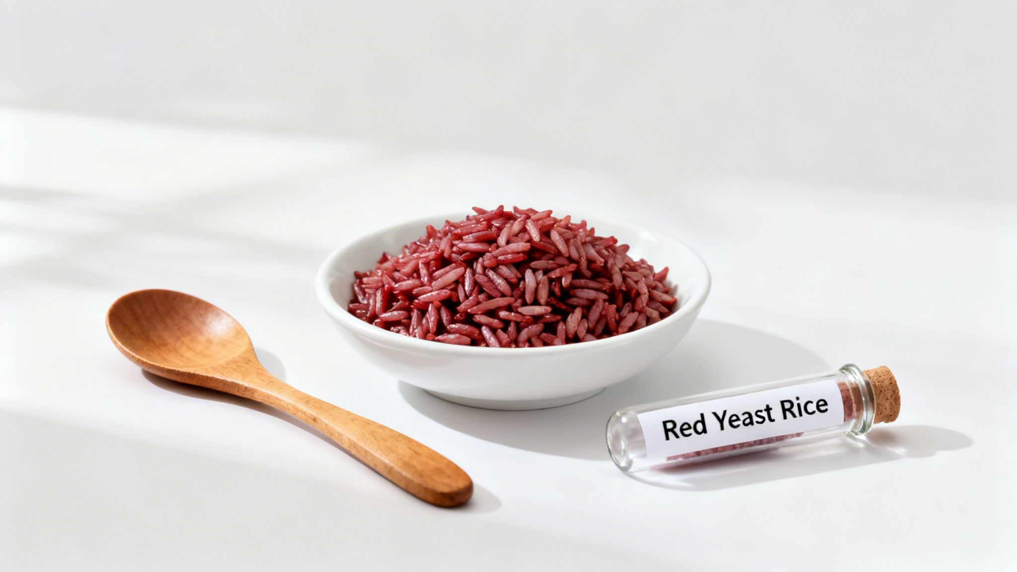 A white bowl of red yeast rice, a wooden spoon, and a labeled vial on a white surface.