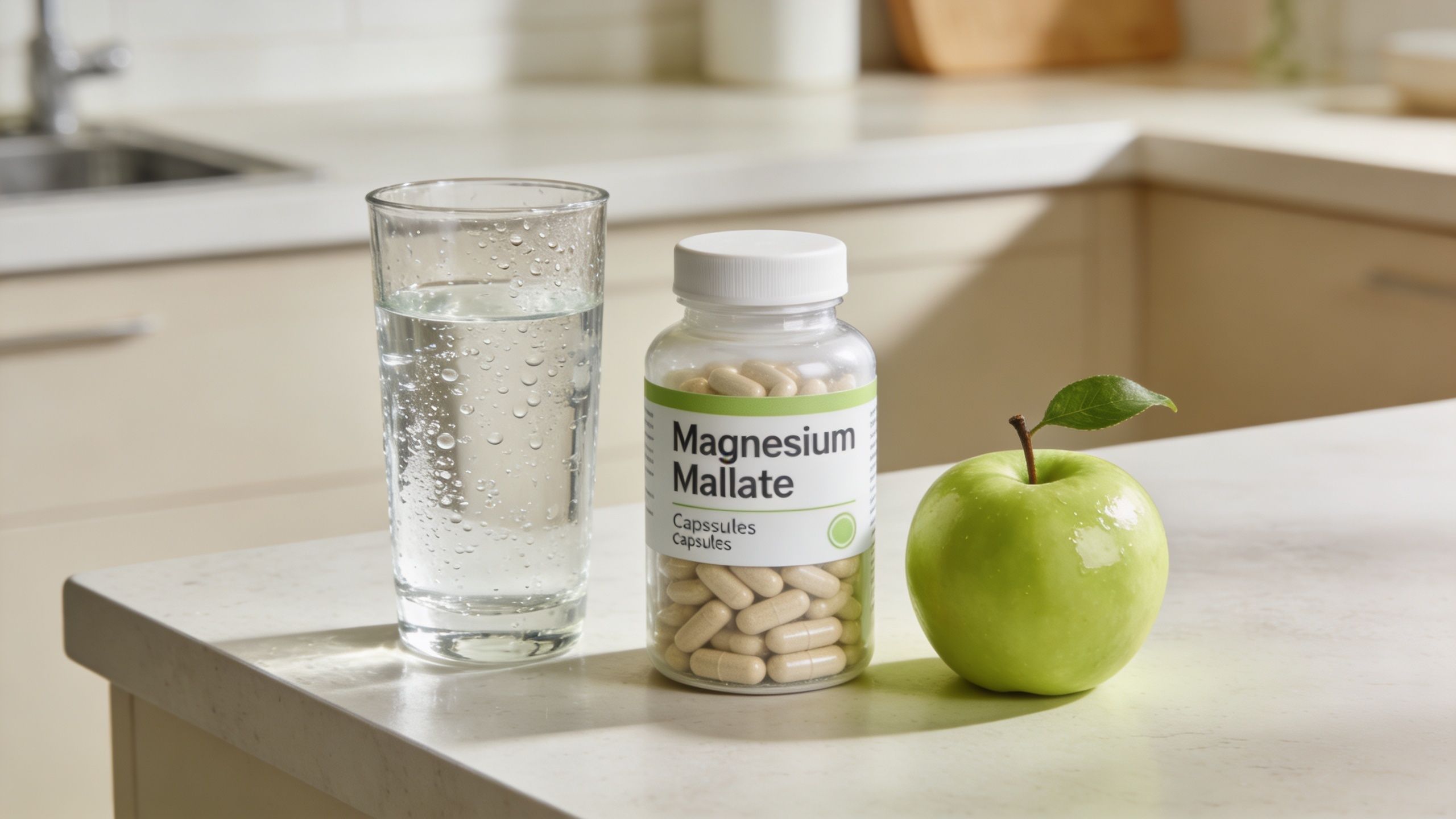 A glass of water next to a bottle of magnesium malate capsules and a fresh green apple.