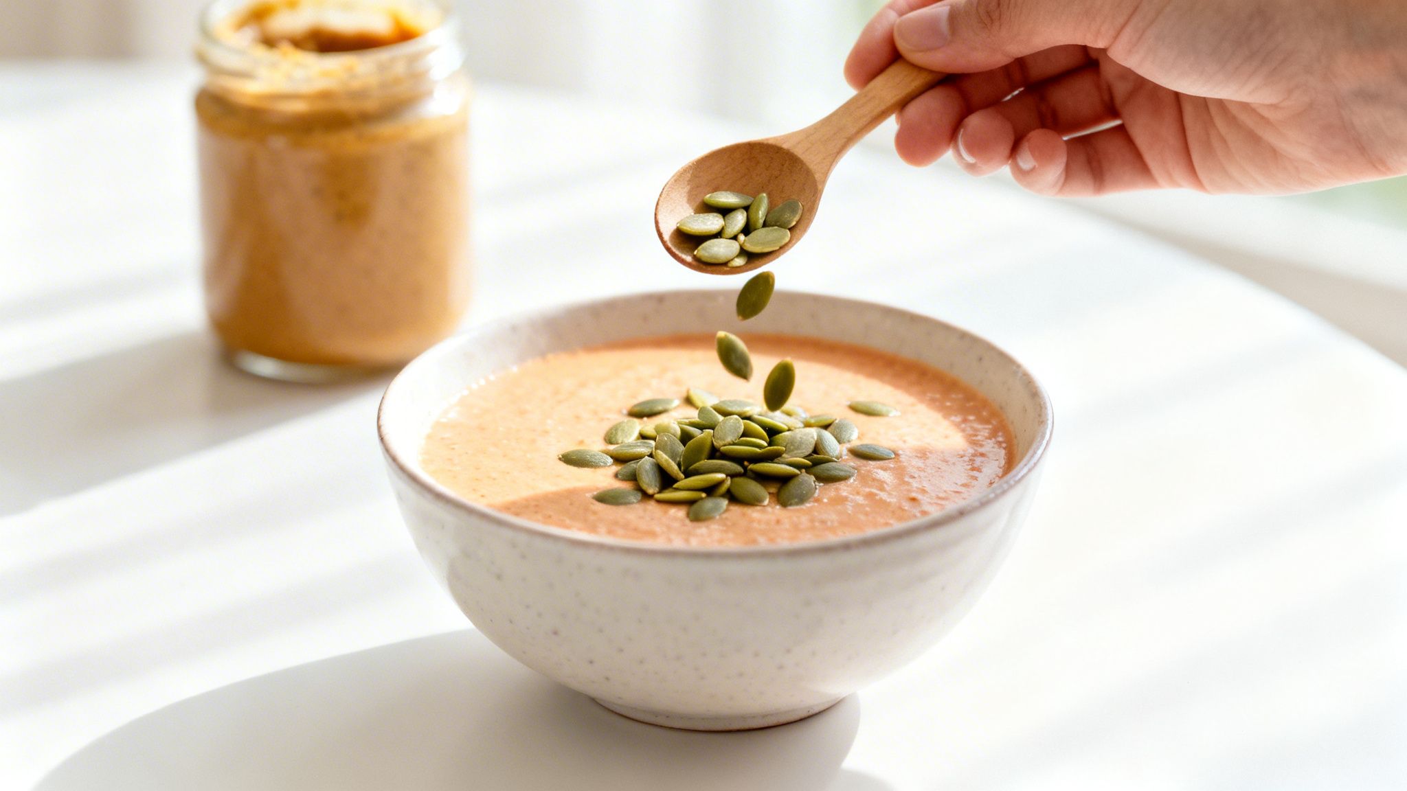 Hand adding raw pumpkin seeds from a wooden spoon to a healthy orange soup in a white bowl.