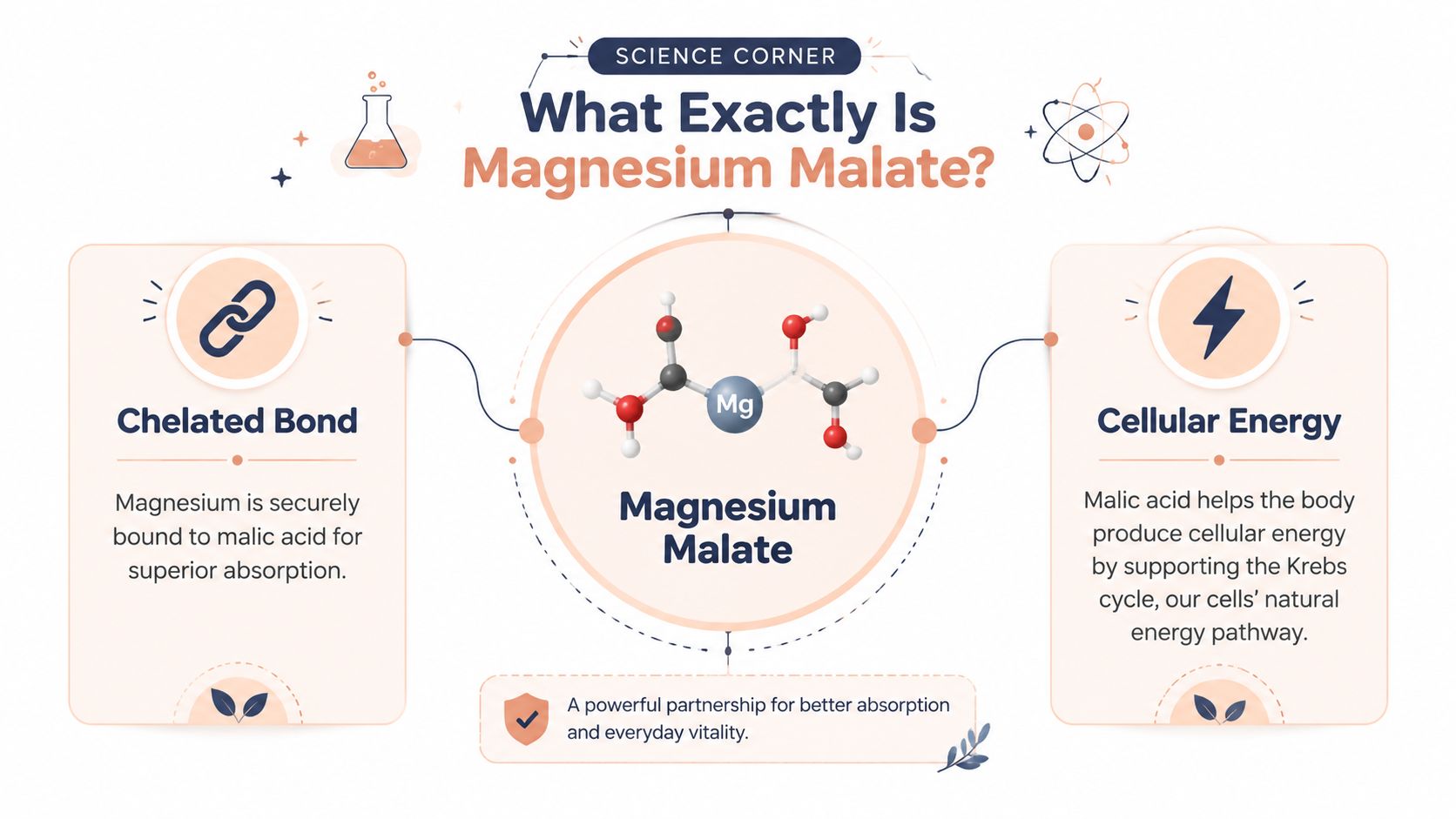 An infographic explaining the benefits of magnesium malate, including chelated bonds and support for cellular energy production.