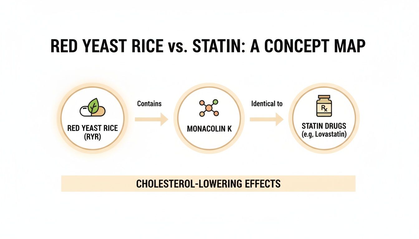 Concept map illustrating Red Yeast Rice and statins' identical Monacolin K component for cholesterol-lowering effects.