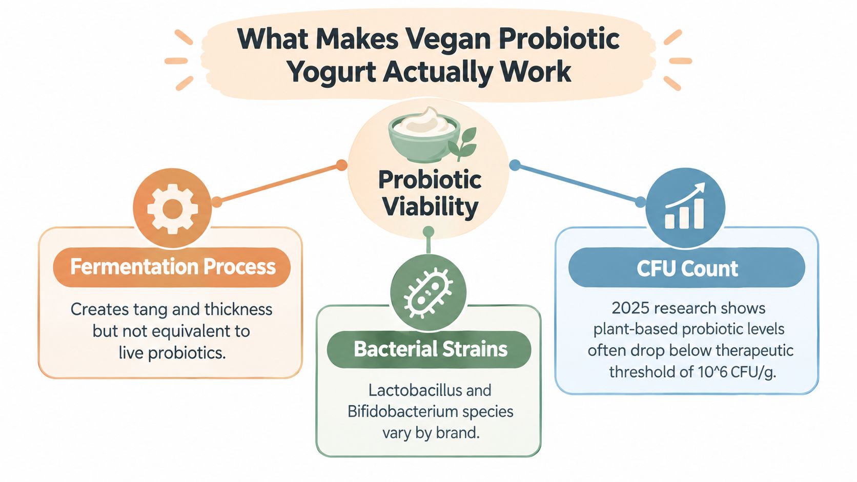 A diagram explaining factors affecting probiotic viability in vegan yogurt including fermentation, bacterial strains, and CFU counts.