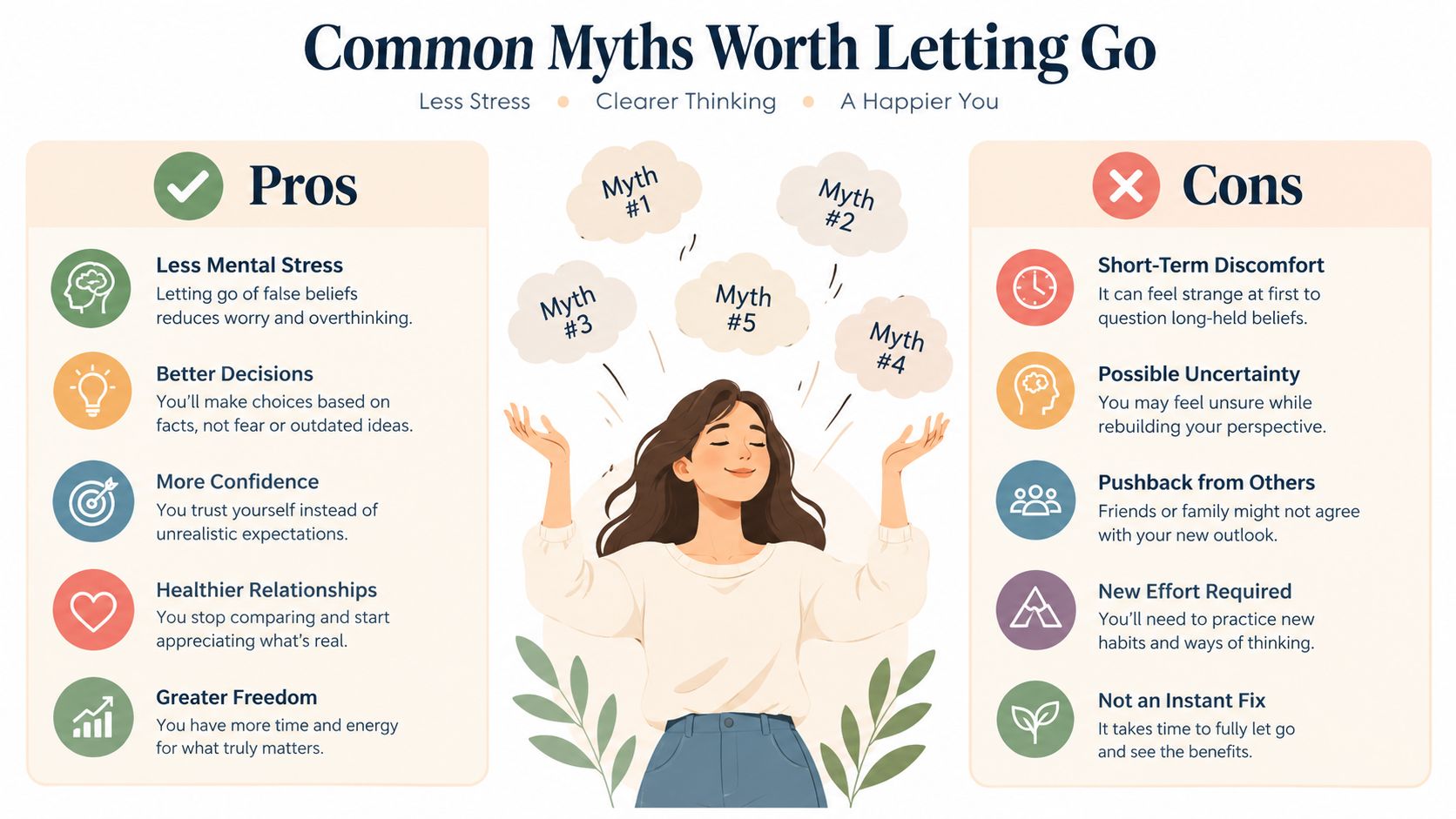 A conceptual illustration highlighting the pros and cons of letting go of common personal myths.