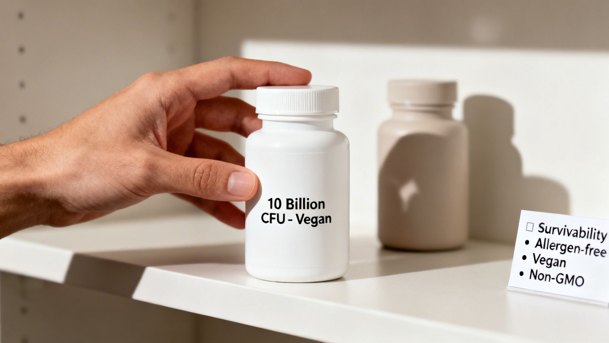 A hand picks up a white probiotic bottle labeled '10 Billion CFU - Vegan' from a white shelf.