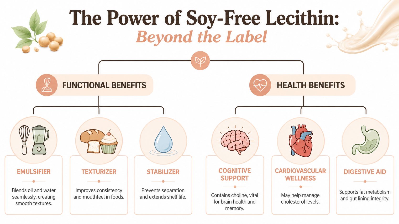An infographic titled The Power of Soy-Free Lecithin illustrating its various functional and health benefits.