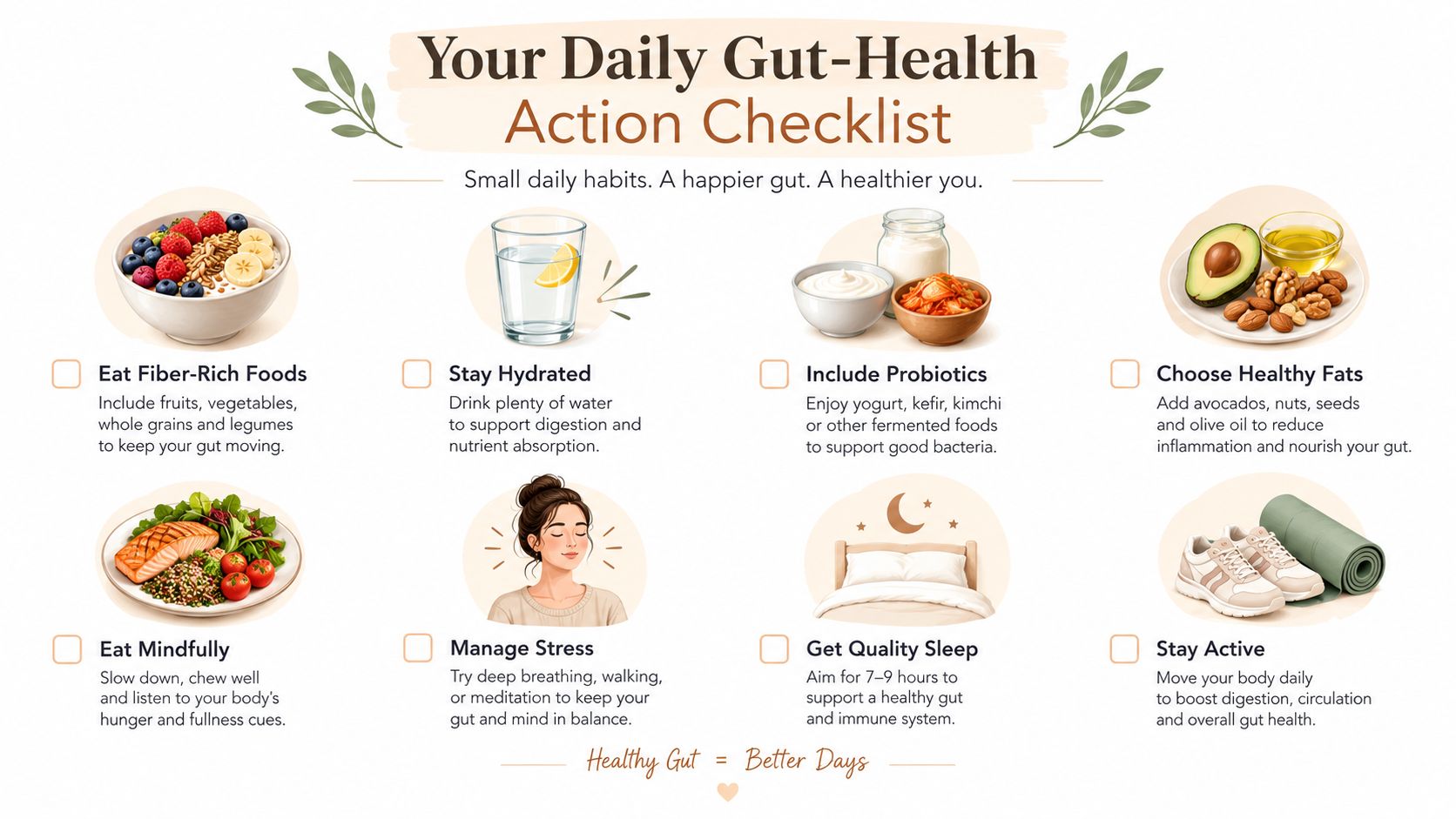 A checklist infographic illustrating daily habits for better gut health, including fiber, hydration, probiotics, and exercise.