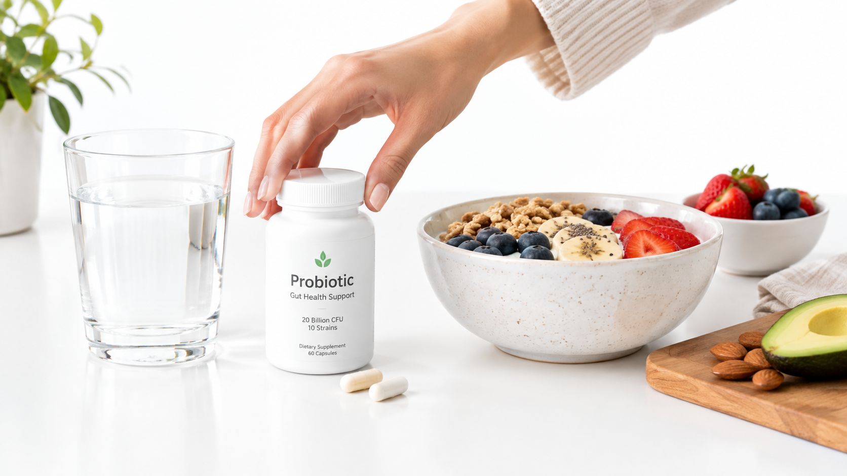 A hand reaching for a white bottle of probiotics next to a healthy breakfast bowl and water.