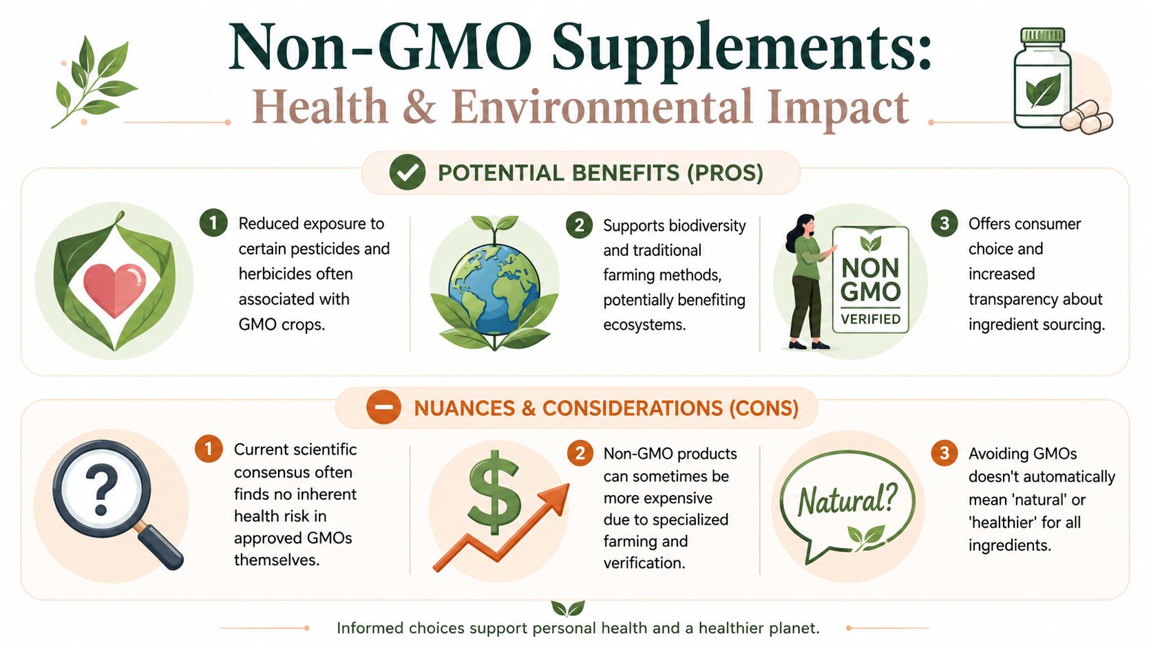 An infographic detailing the potential benefits and considerations of choosing non-GMO supplements for health and environment.