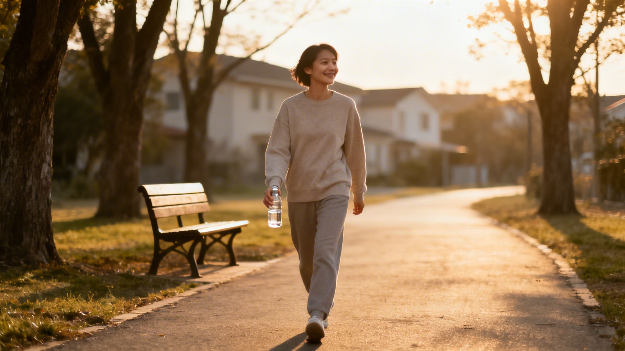 An Asian woman in activewear smiles while walking in a sunlit park with a water bottle.